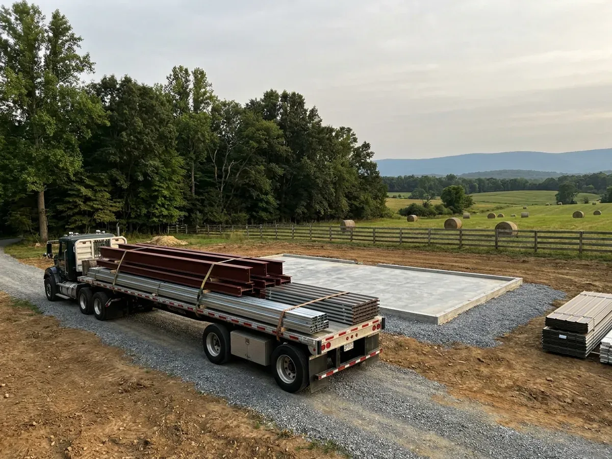 A flatbed truck delivering banded steel frame members and stacked metal roof panels to a building site beside a finished concrete slab.