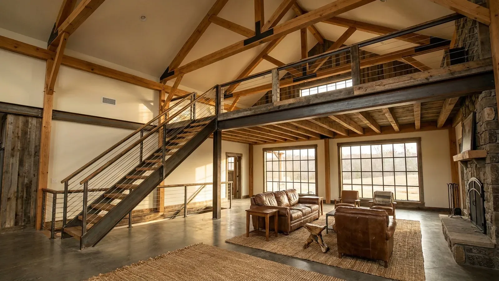 A barndominium great room with an open loft level and railing built over part of the room, reached by an open staircase.