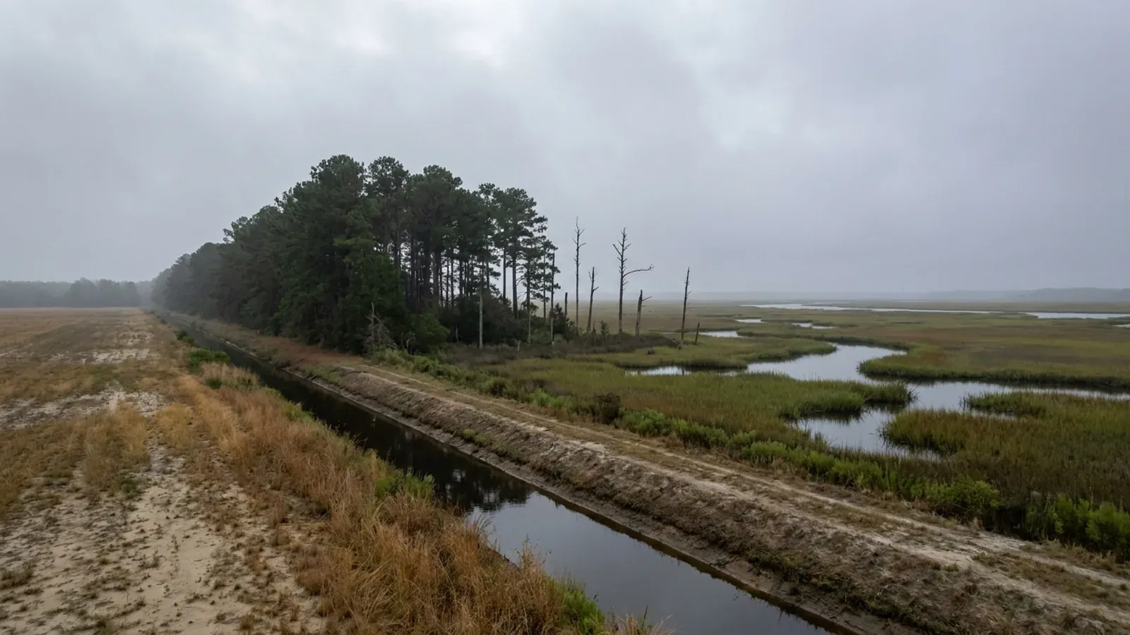 Flat Lower Eastern Shore land where a line of loblolly pines meets a vast tidal marsh cut by winding channels.