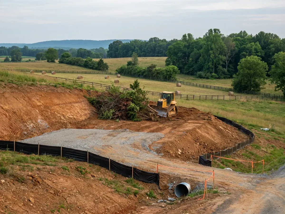 A dozer clearing brush on a rural parcel beside a compacted crushed-stone building pad, with a silt fence on the downhill edge and a culvert at the driveway entrance.